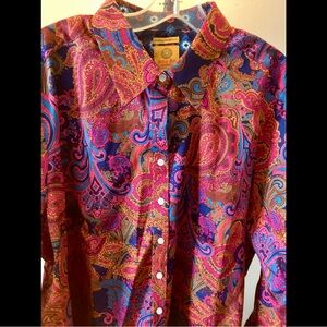 18W Peter Max Style Hippie Paisley Button Down Shirt Cotton Purple Orange